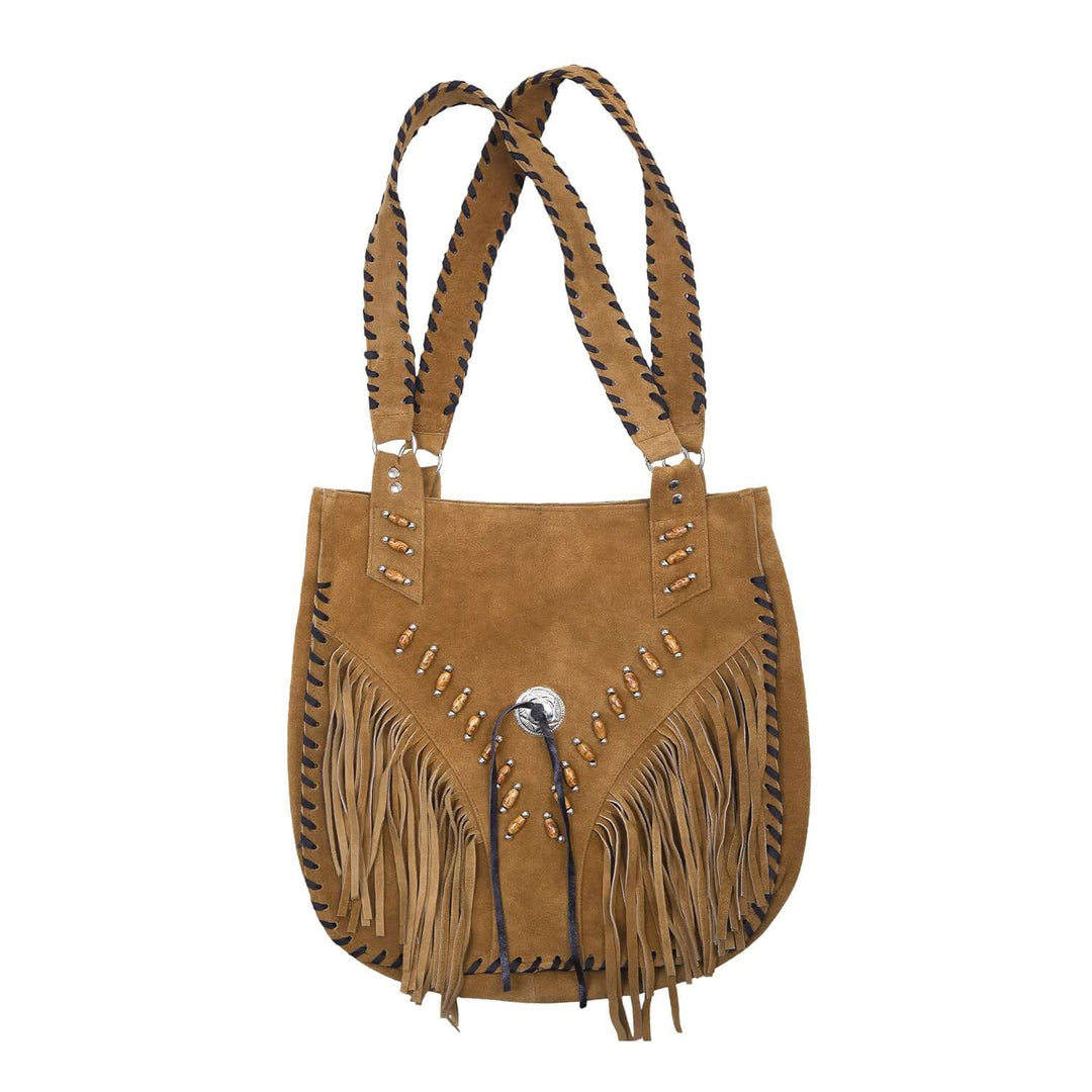 Handmade rich brown suede handbag with on sale gold beading and fringe twisted and painted