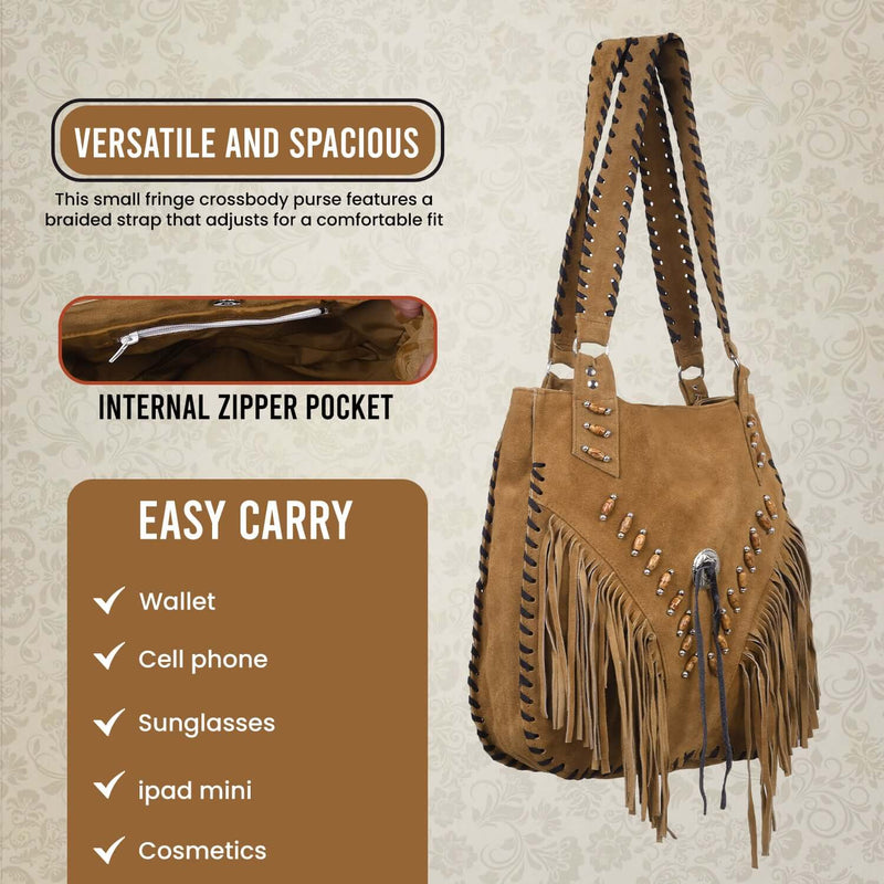 Bohemian Suede Leather Fringe Purse for Women with Beaded Detailing