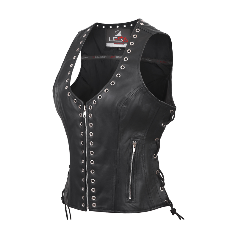 Lesa Collection Black Leather Vest Women with Side Laces - Riveted Design Women&