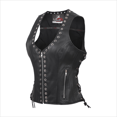 Lesa Collection Black Leather Vest Women with Side Laces - Riveted Design Women's  Biker Vest with U-Shaped Neck