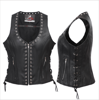 Lesa Collection Black Leather Vest Women with Side Laces - Riveted Design Women's  Biker Vest with U-Shaped Neck