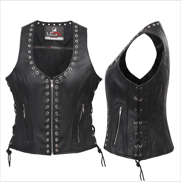 Lesa Collection Black Leather Vest Women with Side Laces - Riveted Design Women&