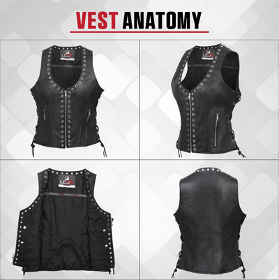 Lesa Collection Black Leather Vest Women with Side Laces - Riveted Design Women's  Biker Vest with U-Shaped Neck