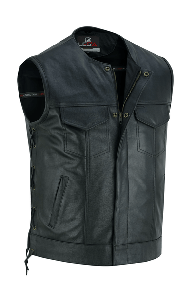 Lesa Collection Men's Black Leather Collarless Club Style Motorcycle Rider Vest w/Dual Front Closure  Side laces