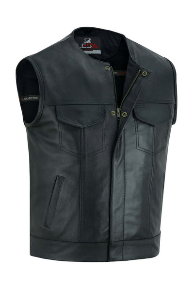 Leather Vests for Men – SOA Collarless Biker Vest with Gun Pockets