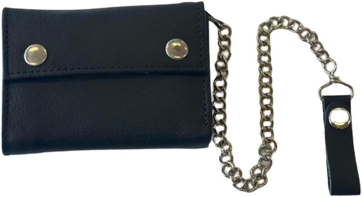 Mens Trifold Black Leather Wallet -  Embroidered Fire Biker