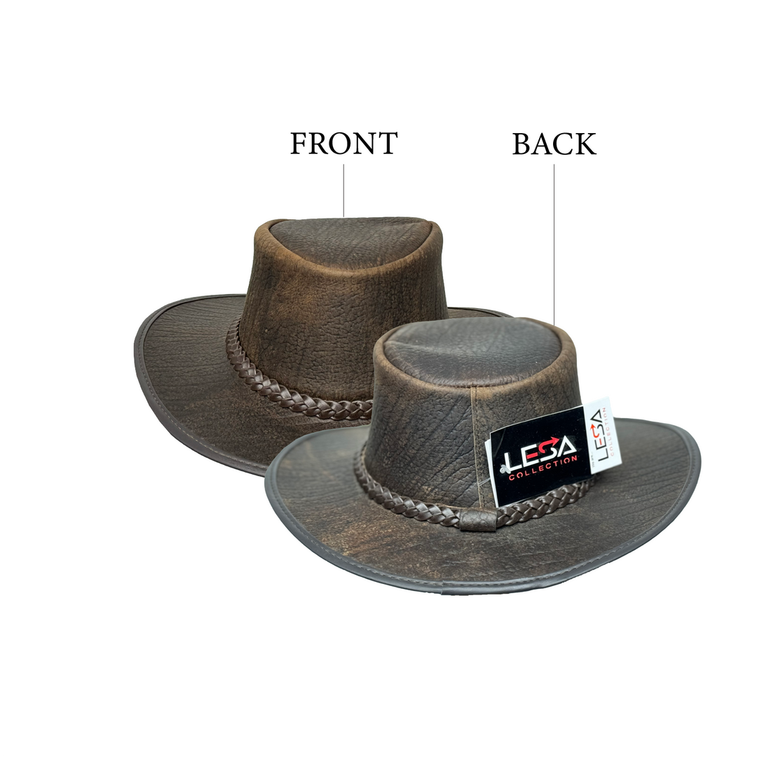 Distressed Toughness Leather Cowboy Hat for Men &amp; Women – Handcrafted Western Outback Hat with Shapeable Brim &amp; Braided Band
