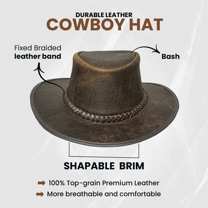 Distressed Toughness Leather Cowboy Hat for Men &amp; Women – Handcrafted Western Outback Hat with Shapeable Brim &amp; Braided Band