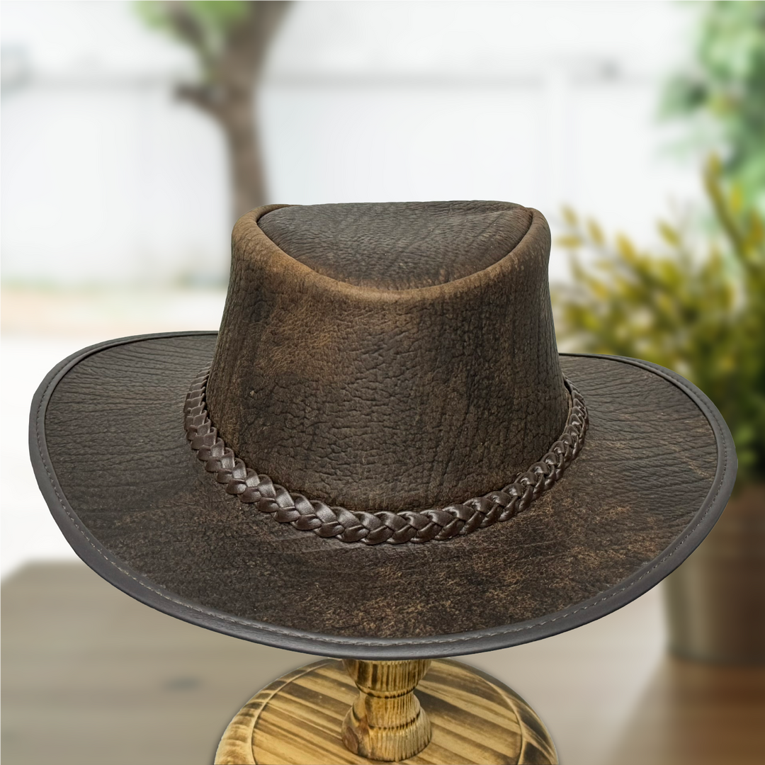 Distressed Toughness Leather Cowboy Hat for Men &amp; Women – Handcrafted Western Outback Hat with Shapeable Brim &amp; Braided Band