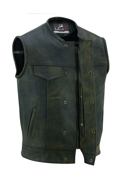 Leather  Men's Distressed Brown ‘Dual Closure’   Motorcycle Leather Vest with Gun Pocket
