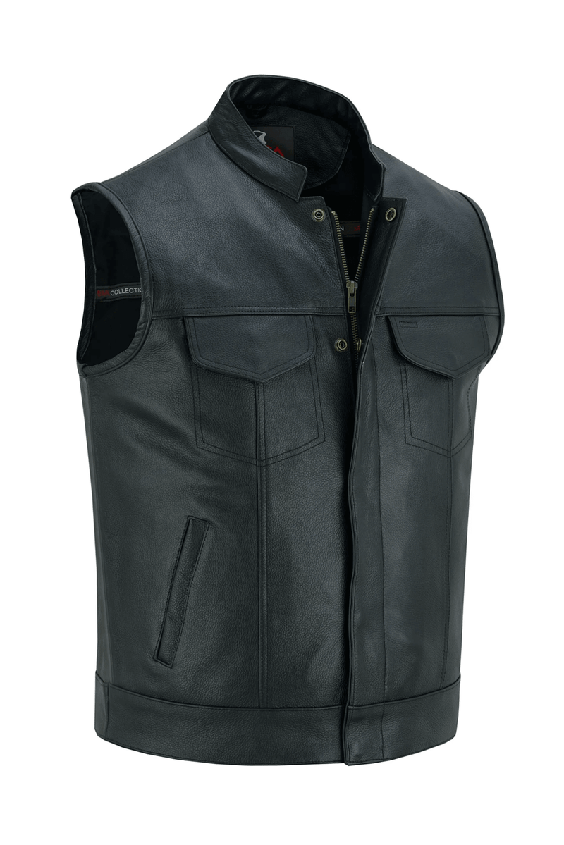 Mens Motorcycle Biker Black Leather Vest Anarchy Club Concealed Carry