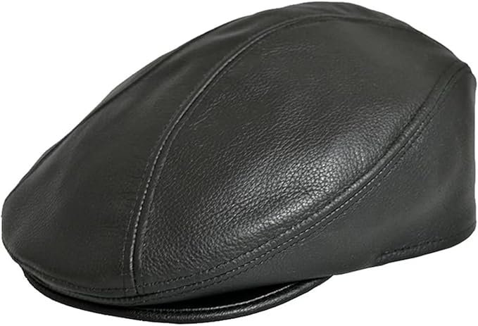 Black Unisex Cowhide Leather Flat Cap – Lightweight Classic Ivy Newsboy Cap for Men