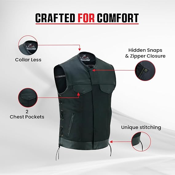 Men’s Motorcycle Vest – Durable Textile Biker Vest with Genuine Leather Trim, Side Laces, Concealed Carry Pockets &amp; Multi Pocket Storage