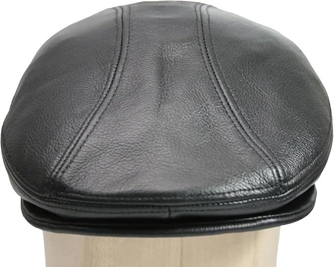 Black Unisex Cowhide Leather Flat Cap – Lightweight Classic Ivy Newsboy Cap for Men
