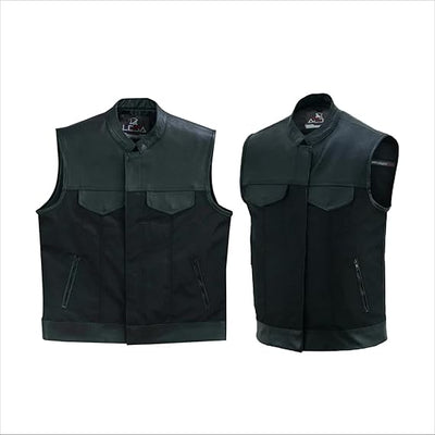 Lesa Collection - Men's Black Leather & Textile Biker Vest