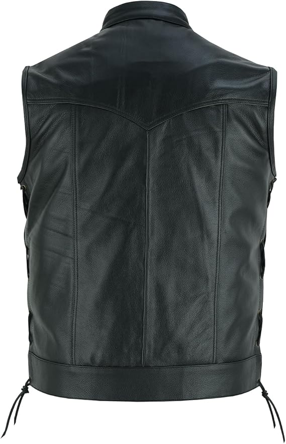 Genuine Cowhide Black Leather Vest Men with Concealed Carry Pockets and Side Laces