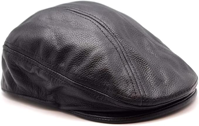 Black Unisex Cowhide Leather Flat Cap – Lightweight Classic Ivy Newsboy Cap for Men
