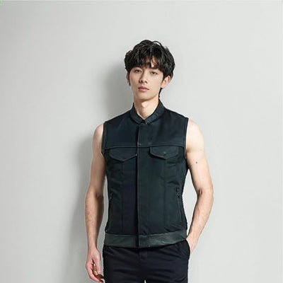 Lesa Collection - Men's Black Leather & Textile Biker Vest