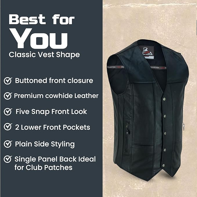 Men’s Black Leather Motorcycle Vest – 10 Pocket Cowhide Biker Vest with Concealed Carry, V-Neck Design &amp; Snap Closure