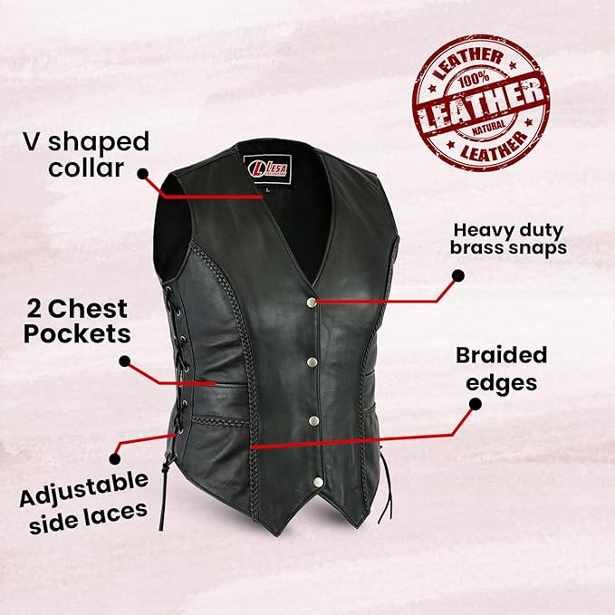 Lesa Collection Ladies black ladies vest Side Laces Motorcycle Style Biker Women&