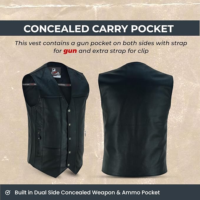 Men’s Black Leather Motorcycle Vest – 10 Pocket Cowhide Biker Vest with Concealed Carry, V-Neck Design &amp; Snap Closure