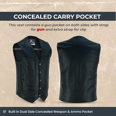 Men's Black Leather Vest with Concealed Carry Pockets - 10 Pockets Motorcycle Vest for Men