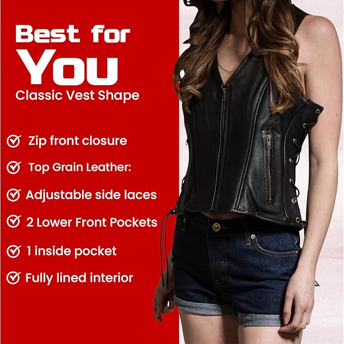 Lesa Collection New Womens Ladies Classical Biker Real Cowhide Leather Vest