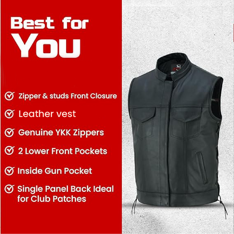 Genuine Cowhide Black Leather Vest Men with Concealed Carry Pockets and Side Laces