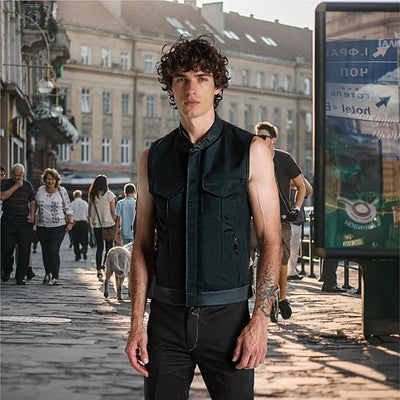 Lesa Collection - Men's Black Leather & Textile Biker Vest