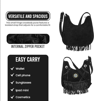 Lesa Collection Premium Western Fringe Purse with Adjustable Straps - Stylish Suede Leather Fringe Bag for Women