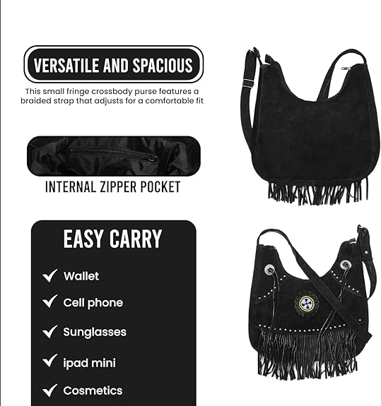 Lesa Collection Premium Western Fringe Purse with Adjustable Straps - Stylish Suede Leather Fringe Bag for Women