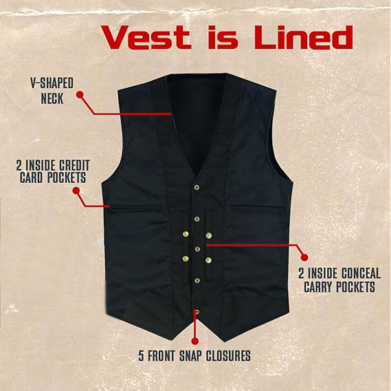 Men’s Black Leather Motorcycle Vest – 10 Pocket Cowhide Biker Vest with Concealed Carry, V-Neck Design &amp; Snap Closure