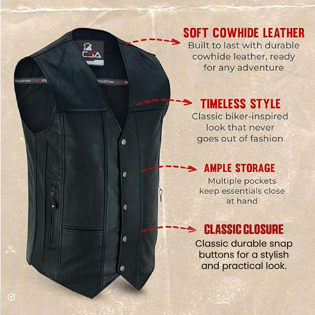 Men’s Black Leather Motorcycle Vest – 10 Pocket Cowhide Biker Vest with Concealed Carry, V-Neck Design &amp; Snap Closure