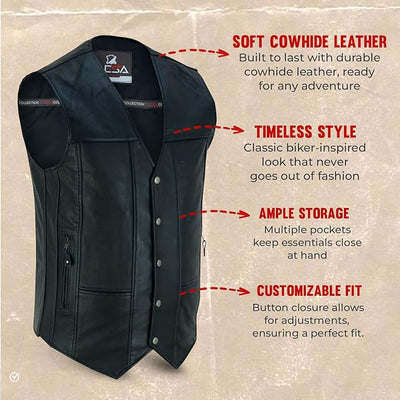 Men's Black Leather Vest with Concealed Carry Pockets - 10 Pockets Motorcycle Vest for Men