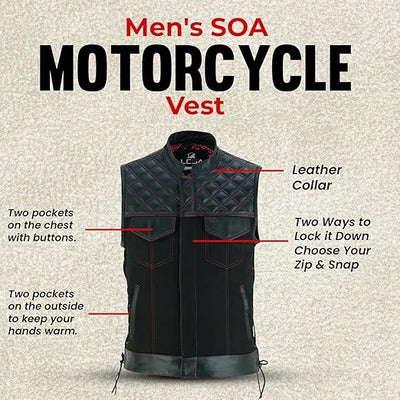 Collar Red stiches Lace up  Men's SOA Vest double Red Thread Club Vest, Deep Inside Pockets, Red Lining