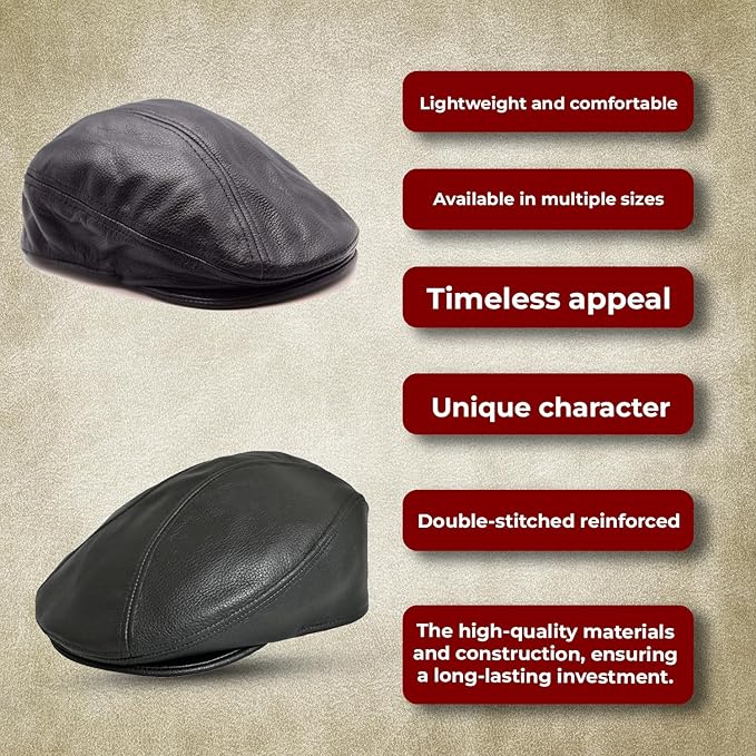 Black Unisex Cowhide Leather Flat Cap – Lightweight Classic Ivy Newsboy Cap for Men