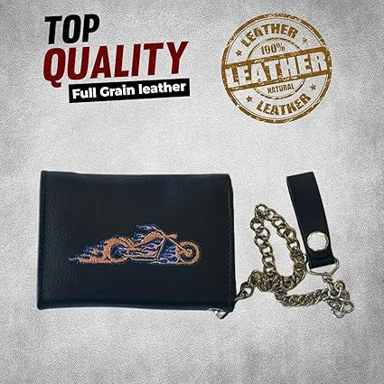 Mens Trifold Black Leather Wallet -  Embroidered Fire Biker