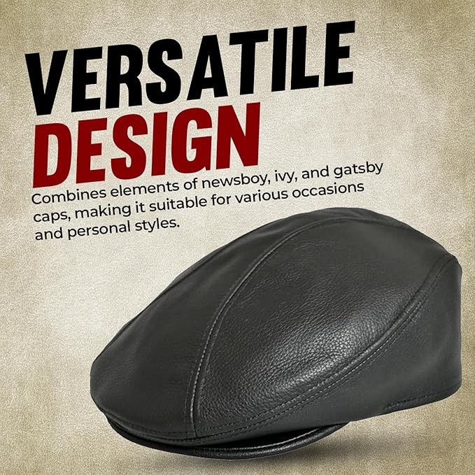 Black Unisex Cowhide Leather Flat Cap – Lightweight Classic Ivy Newsboy Cap for Men