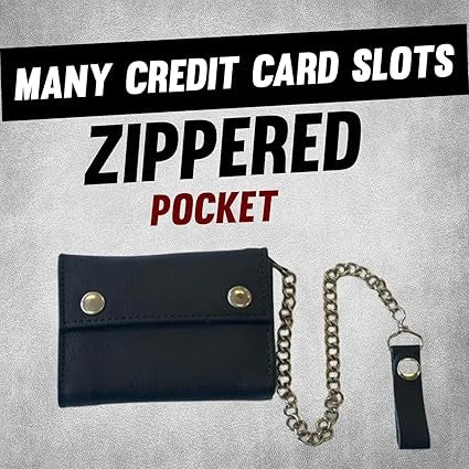 Mens Trifold Black Leather Wallet -  Embroidered Fire Biker