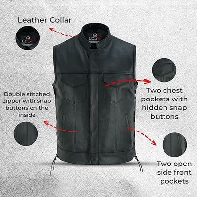 Genuine Cowhide Black Leather Vest Men with Concealed Carry Pockets and Side Laces