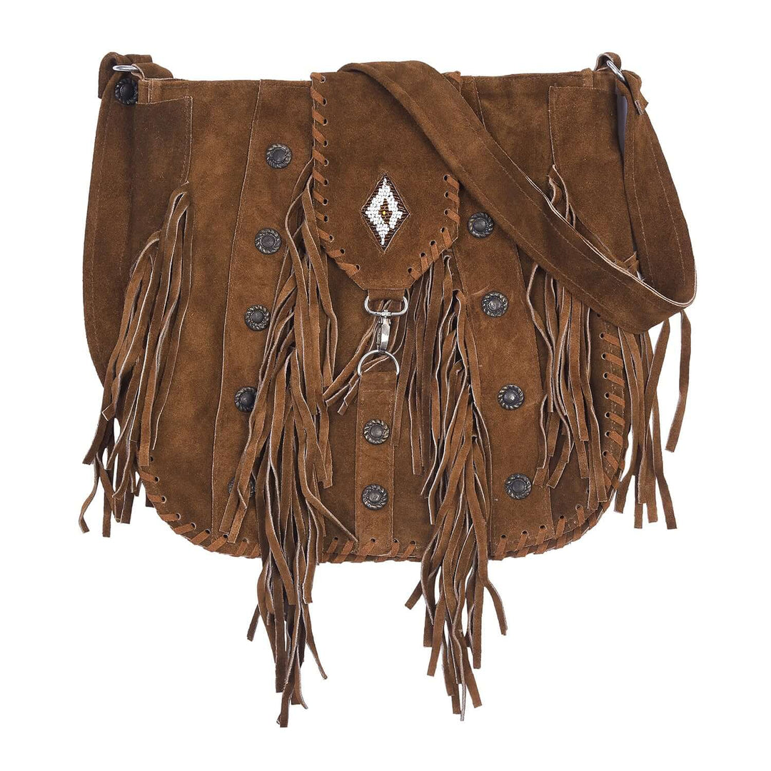 Lesa Collection Suede Leather Bohemian Style Fringe Crossbody Purse for Women with Decorative Studs and Beaded Accent