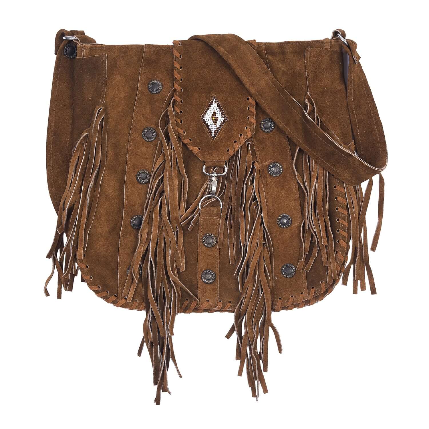 Lesa Collection Suede Leather Bohemian Style Fringe Crossbody Purse for Women with Decorative Studs and Beaded Accent