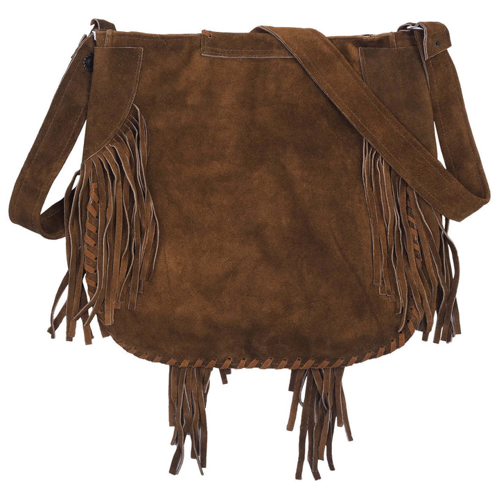 Lesa Collection Suede Leather Bohemian Style Fringe Crossbody Purse for Women with Decorative Studs and Beaded Accent