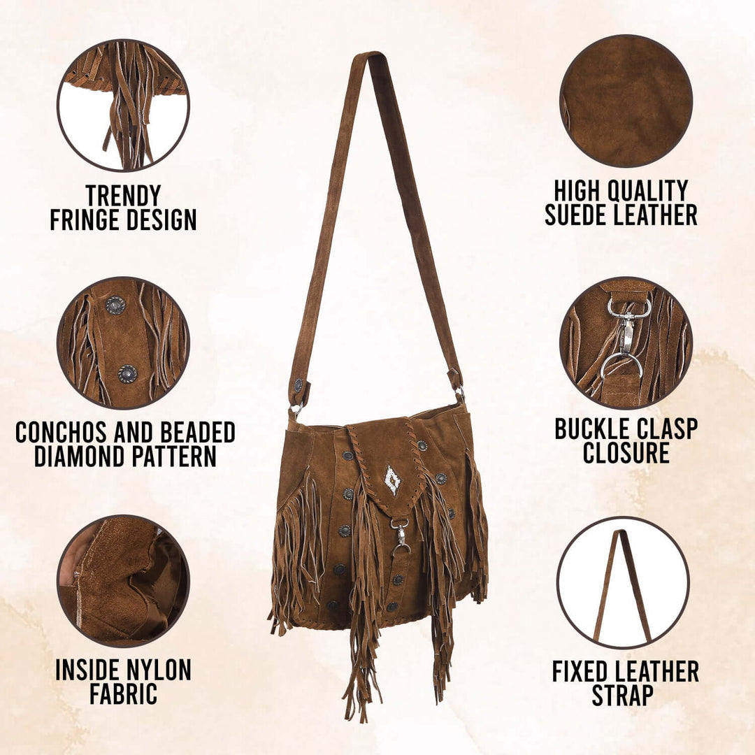 Lesa Collection Suede Leather Bohemian Style Fringe Crossbody Purse for Women with Decorative Studs and Beaded Accent
