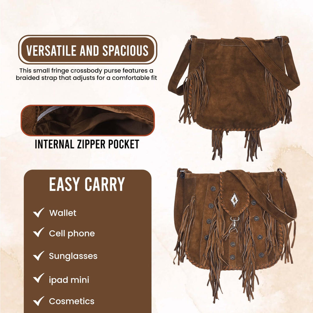 Lesa Collection Suede Leather Bohemian Style Fringe Crossbody Purse for Women with Decorative Studs and Beaded Accent