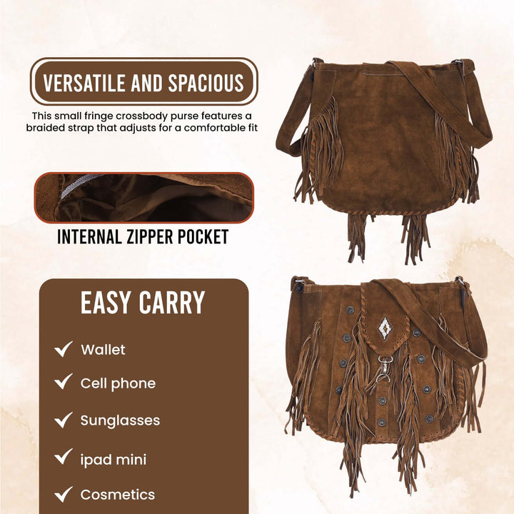 Lesa Collection Suede Leather Bohemian Style Fringe Crossbody Purse for Women with Decorative Studs and Beaded Accent