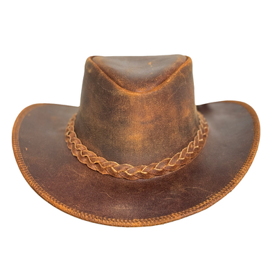 Lesa Collection Vintage Gunner Leather Cowboy Hat with Braided Band - Stylish Cowgirl Hat with Removable Chinstrap