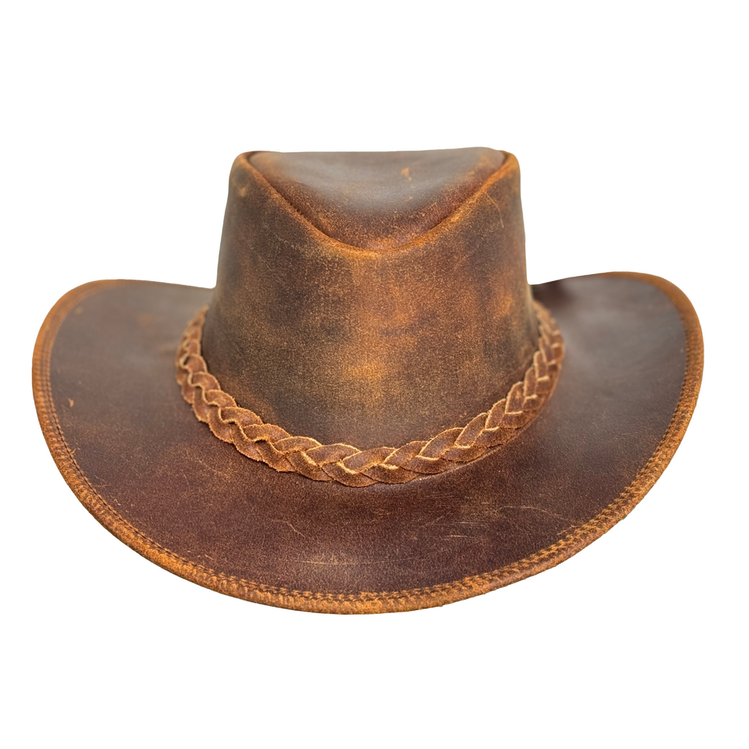 Vintage Gunner Leather Cowboy Hat for Men &amp; Women – Handmade Western Outback Hat with Braided Band, Shapeable Brim