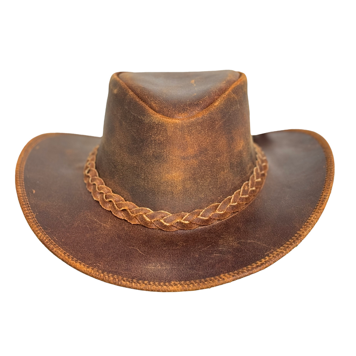 Vintage Gunner Leather Cowboy Hat for Men &amp; Women – Handmade Western Outback Hat with Braided Band, Shapeable Brim