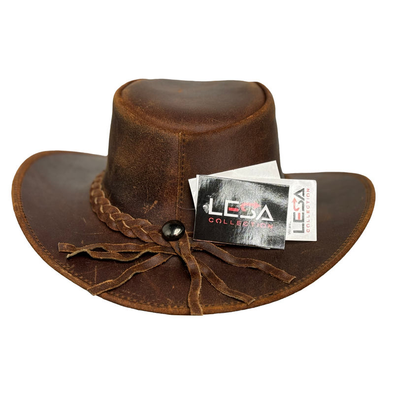 Lesa Collection Vintage Gunner Leather Cowboy Hat with Braided Band - Stylish Cowgirl Hat with Removable Chinstrap